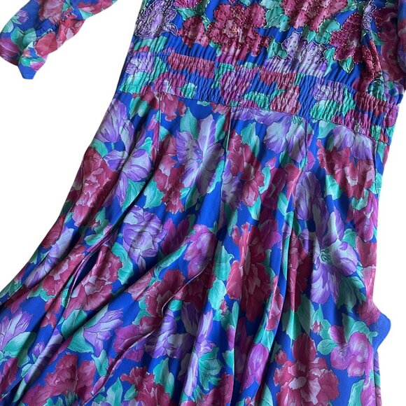 Diane Freis Vintage Floral Dress Beaded Long Sleeve 100% Silk Dancing Size Large - Picture 5 of 12